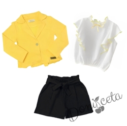 Комплект от риза в бяло с жълти къдрици, сако в жълто и къси панталони в черно